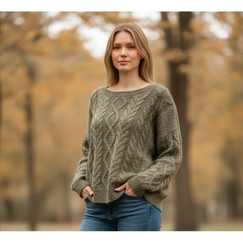 Lucky Brandโ Women's XXL Oversized Cable Knit Sweater Olive New Wool Bld.